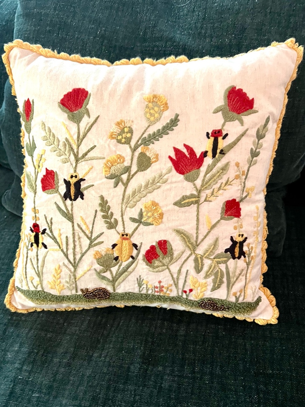 Pier 1 Embroidered Flora & Fauna Pillow Folk Art, Cottagecore ,Lovely,Size 14x14